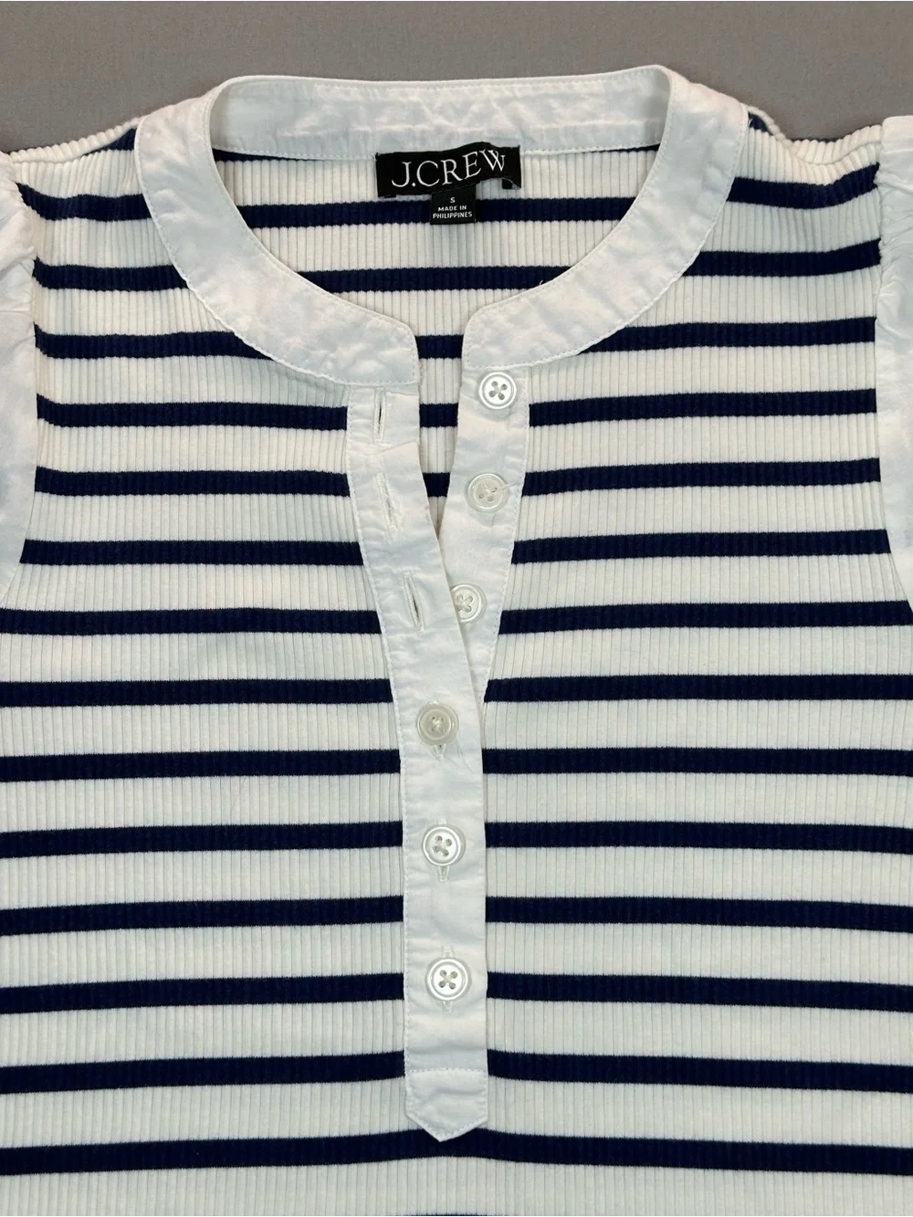 J. Crew Vintage Rib Puff-Sleeve Henley, Navy/White Stripes - Womens Small